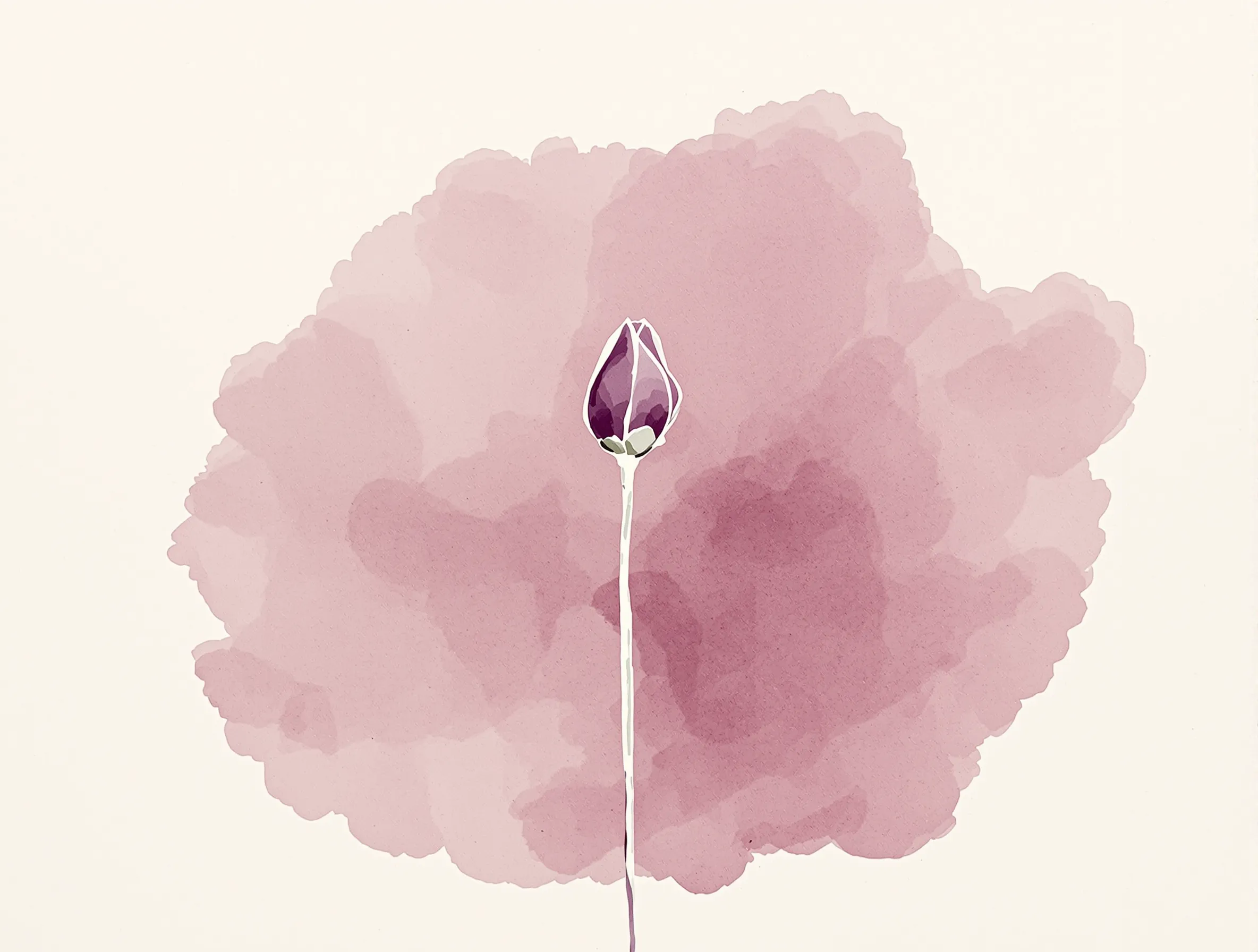 Minimal watercolor of a single bud on a slender stem in dusty plum on ivory