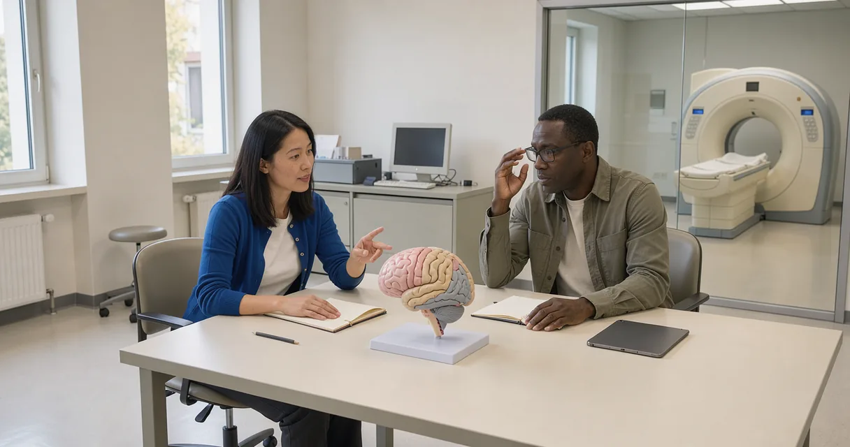 Two research staff at a table beside an anatomical brain model in a bright imaging workspace