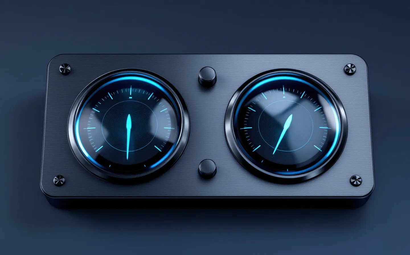 A cool anodized instrument-panel render with two recessed glass gauge faces, steel-blue needles, a lit teal indicator lamp and a lit amber caution lamp, on a deep gunmetal ground