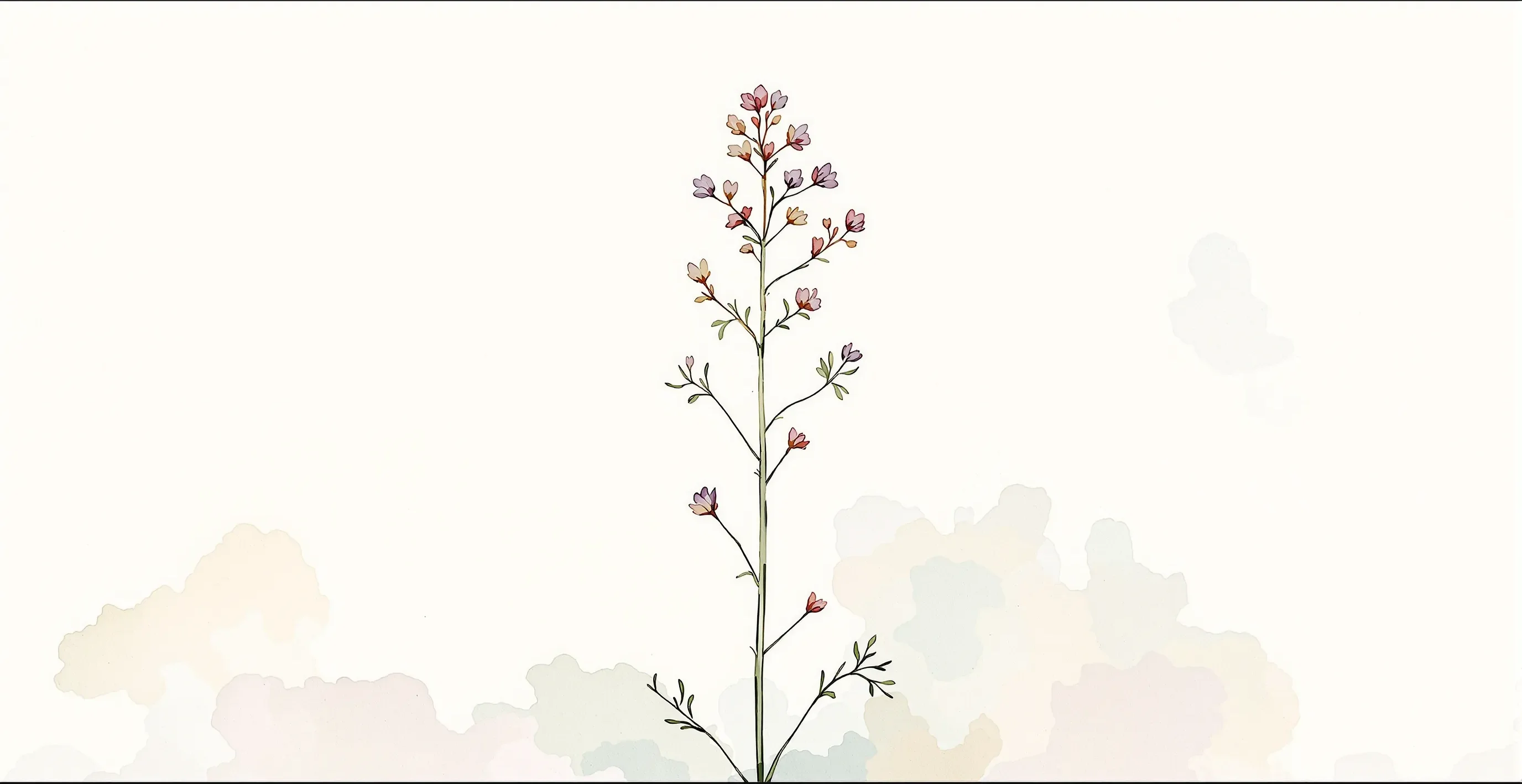 Soft watercolor study of a slender flowering stem in muted sage and plum tones
