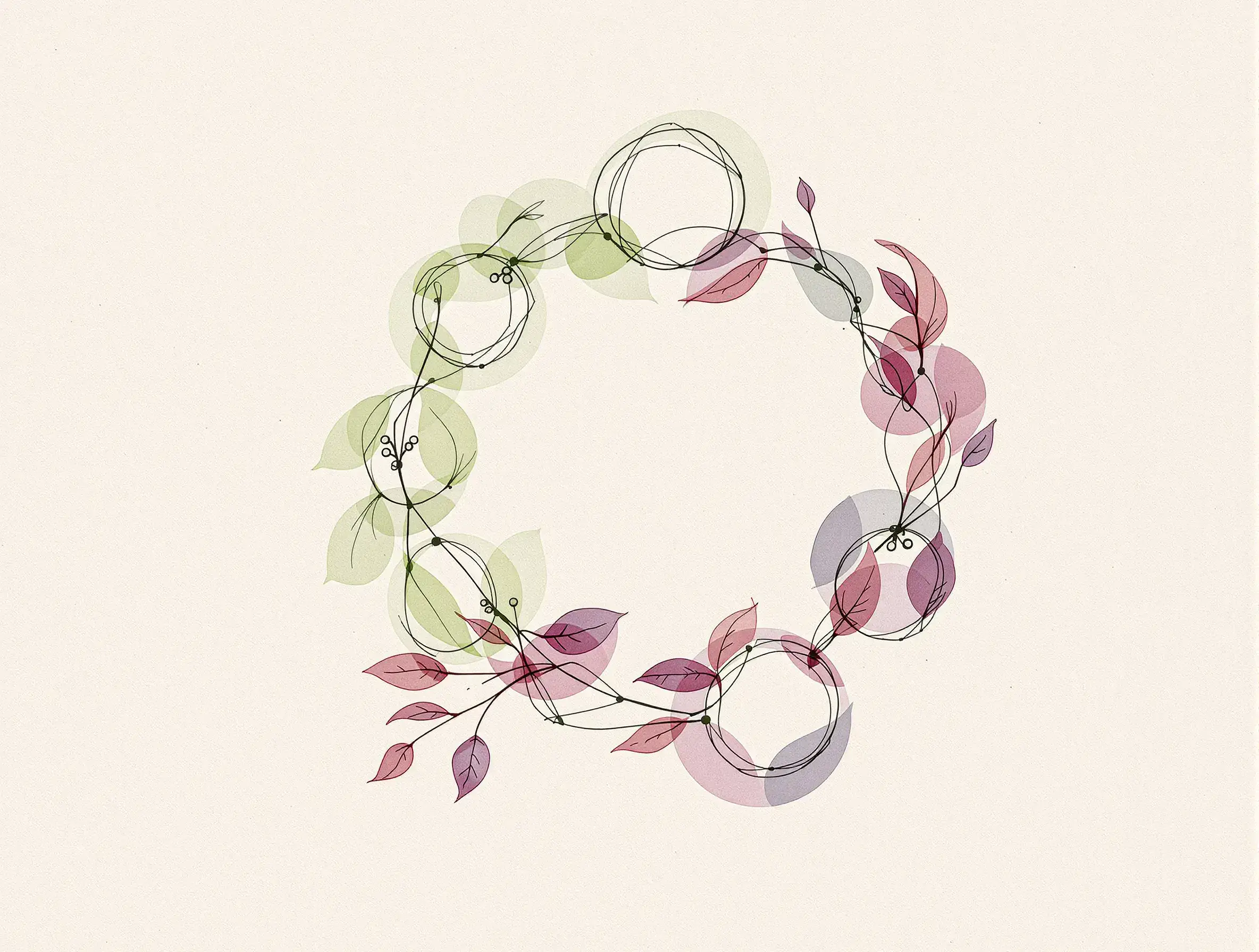 Abstract ink illustration of a cyclic peptide ring intertwined with botanical line work