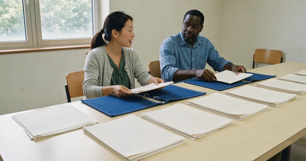 Research staff sorting plain sheets across a cream table with cobalt folders