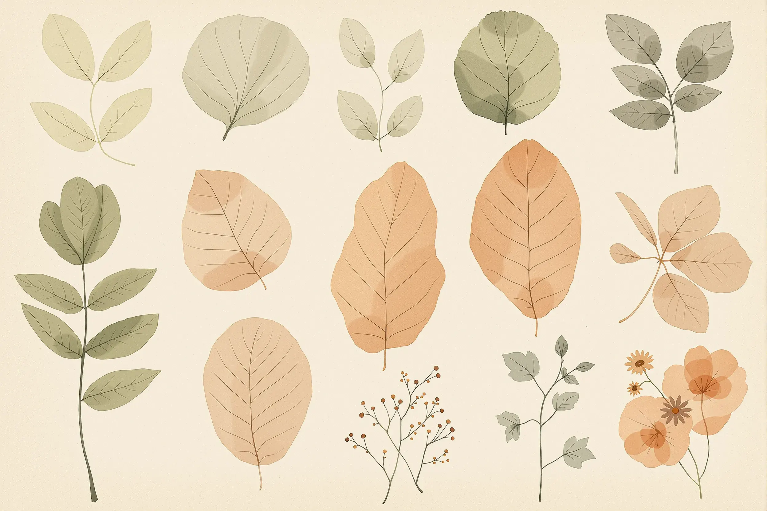 Quiet grid of pressed botanical specimens in sage and terra-cotta wash