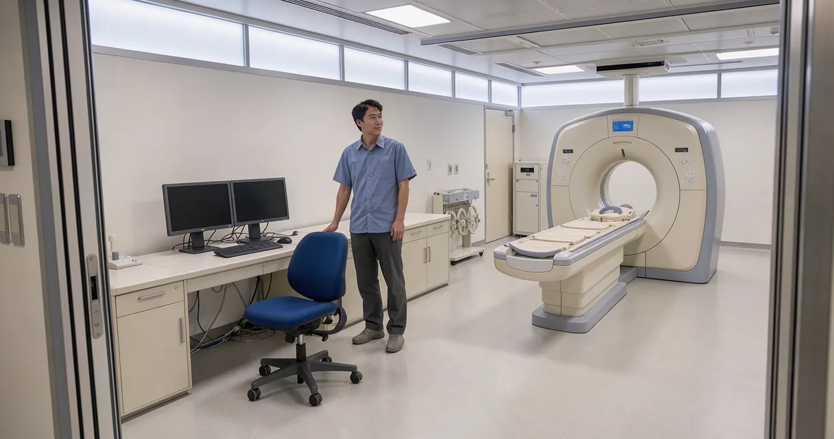A technician beside the console of an empty MRI scanner in a daylight room