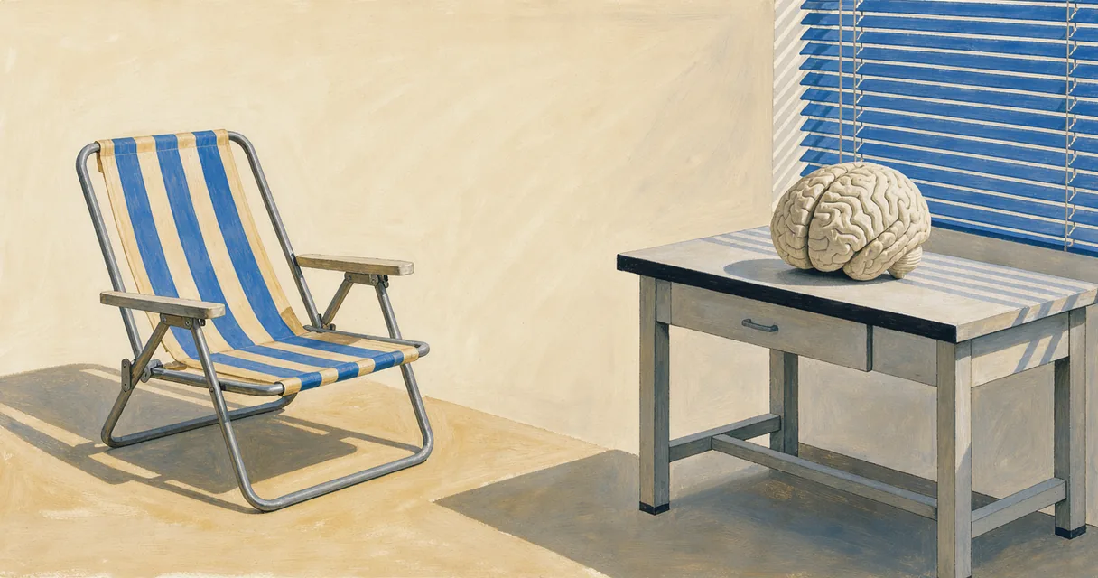Painted sun chair beside a laboratory bench holding a brain model
